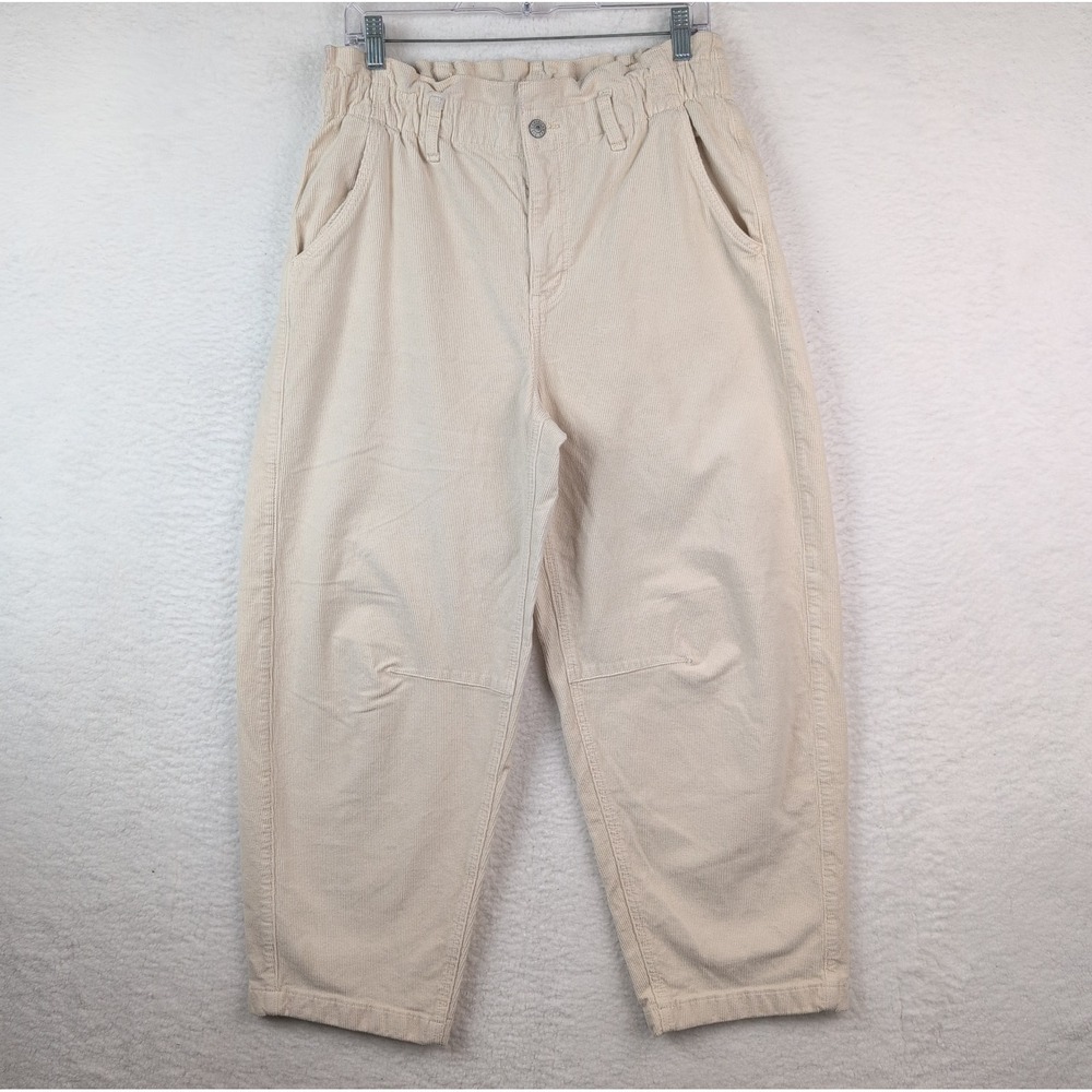 American Eagle Barrel Leg Corduroy Pants Sz 10 Elastic Waist Cream Stretch